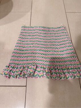 Zara Pink & Green Smocked Floral Ruffle Mini Skirt